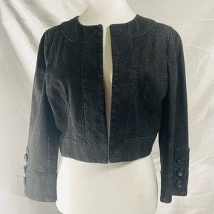 Ann Taylor LOFT Cropped Open Front Denim Jacket Black Fitted Detailed Size 8 EUC